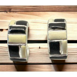 Block Pattern Silver Tone Small Hoop Earrings Beige Black